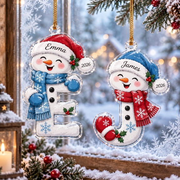 Personalized Snowman Letter Acrylic Ornament, Christmas Tree Hanging Gift