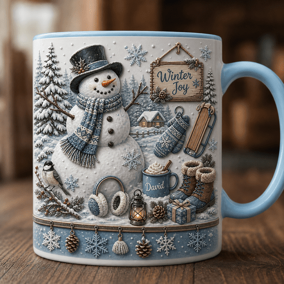 Personalized Snowman Mug 3D Effect Custom Name Winter Joy Coffee Cup Gift