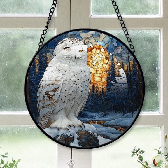 Personalized Snowy Owl Stained Glass Suncatcher Artistic Window Hanging, Snowy Owl 78 Hand-Painted Glass Panel Wall Home Decor, Snowy Owl Garden Decor 3IaR0g (Snowy Owl 13)