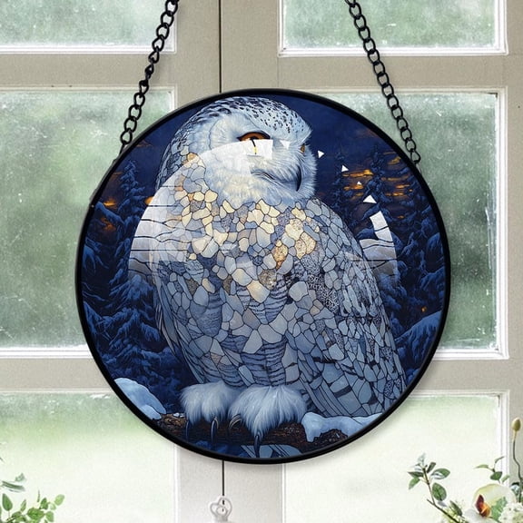 Personalized Snowy Owl Suncatcher Stained Glass, Snowy Owl Gifts for Women, Snowy Owl for Windows, Snowy Owl Window Hangings with Chain and Hook 2w6zcB (Snowy Owl 7)