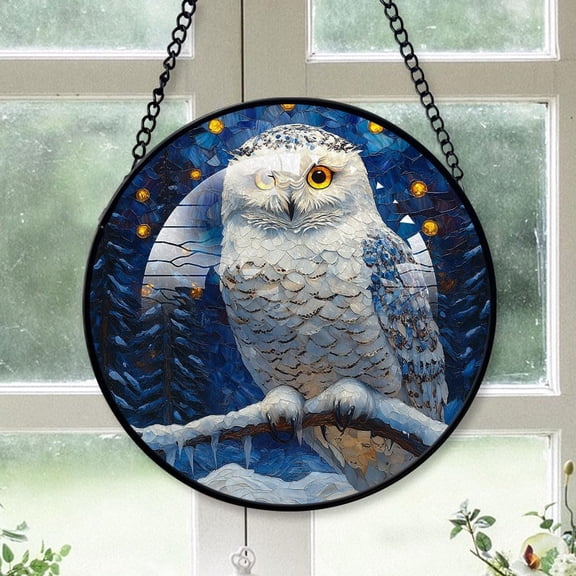 Personalized Snowy Owl Suncatcher Stained Glass Suncatchers, Snowy Owl Ornament for Sun Catcher Indoor Window, Snowy Owl Painted Glass Panel Dcor DhJtKg (Snowy Owl 9)