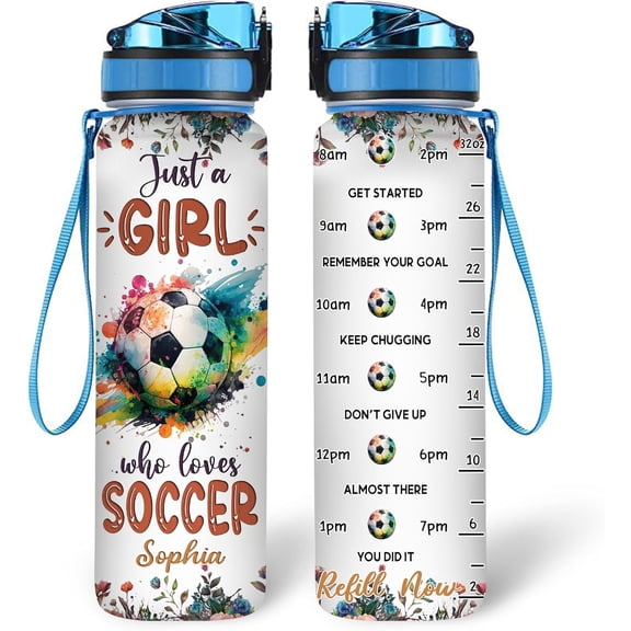 Personalized Soccer Lovers 32 Oz 1Liter Motivational Water Bottle With Time Marker, Just A Girl Who Loves Soccer, Sport Lovers Gifts For Women, Girl, Player On Birthday, Christmas