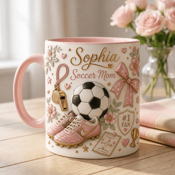 Personalized Soccer Mom Mug with 3D Effect, Soccer Ball & Bow Coffee Cup Gift