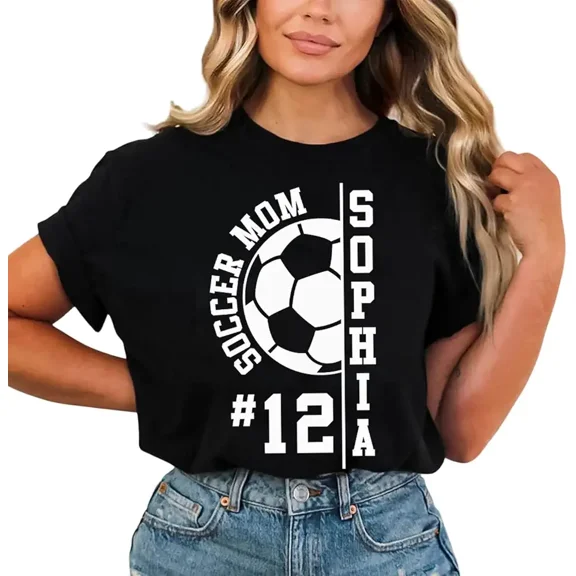 Personalized Soccer Mom T-Shirt Custom Name and Number Athletic Football Fan Women's Short Sleeve Graphic Tee Retro Sporty Apparel