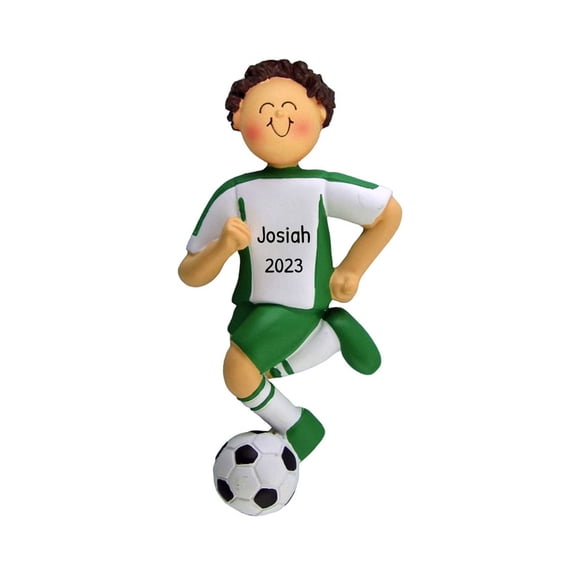 Personalized Soccer Ornament 2024 Male Brunette Player in Green Uniform 1 Count - Ornaments by Elves