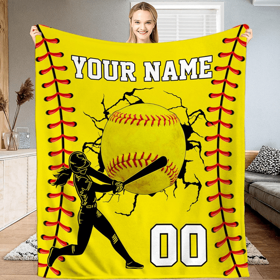 Personalized Softball Blanket with Name Number – Custom Softball Throw Blanket for Players, Teams Fans, Ultra-Soft Fluffy Fleece, Sports Gift (D3) (Medium)