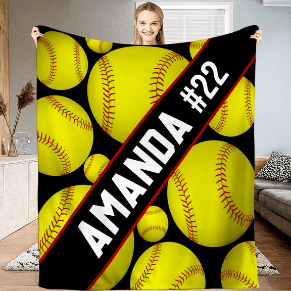 Personalized Softball Blanket with Name Number – Custom Softball Throw Blanket for Players, Teams Fans, Ultra-Soft Fluffy Fleece, Sports Gift (D4) (Small)