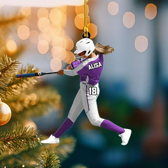 Personalized Softball Ornament Christmas Tree Decoration Custom Softball Christmas Ornament 2D Shape Flat Softball Lover Gifts Beginner Softball Players Ornament Gift (SB4) - 3094 (Purple)
