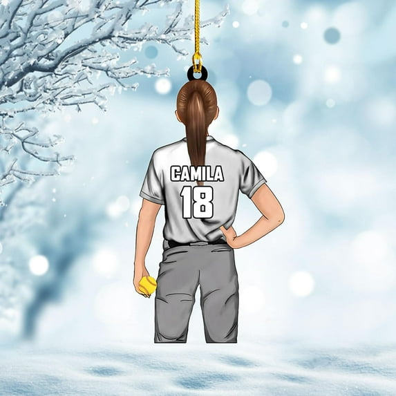 Personalized Softball Ornament Christmas Tree Decoration Custom Softball Christmas Ornament 2D Shape Flat Softball Lover Gifts Beginner Softball Players Ornament Gift (Softball 6) - 3178 (White)