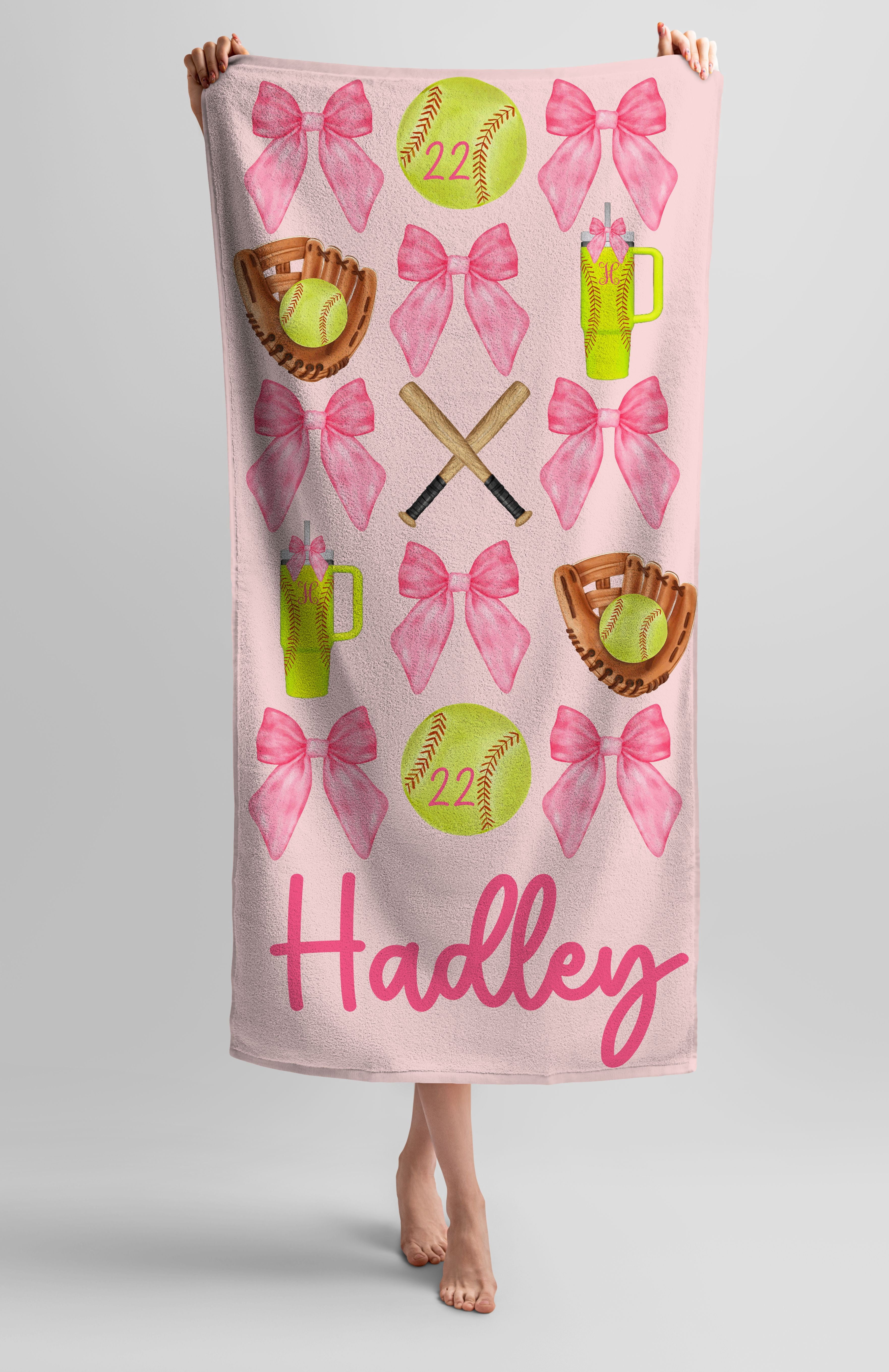 Custom Personalized Beach Towel – 30x60 Inch Softball Pattern Towel With Name