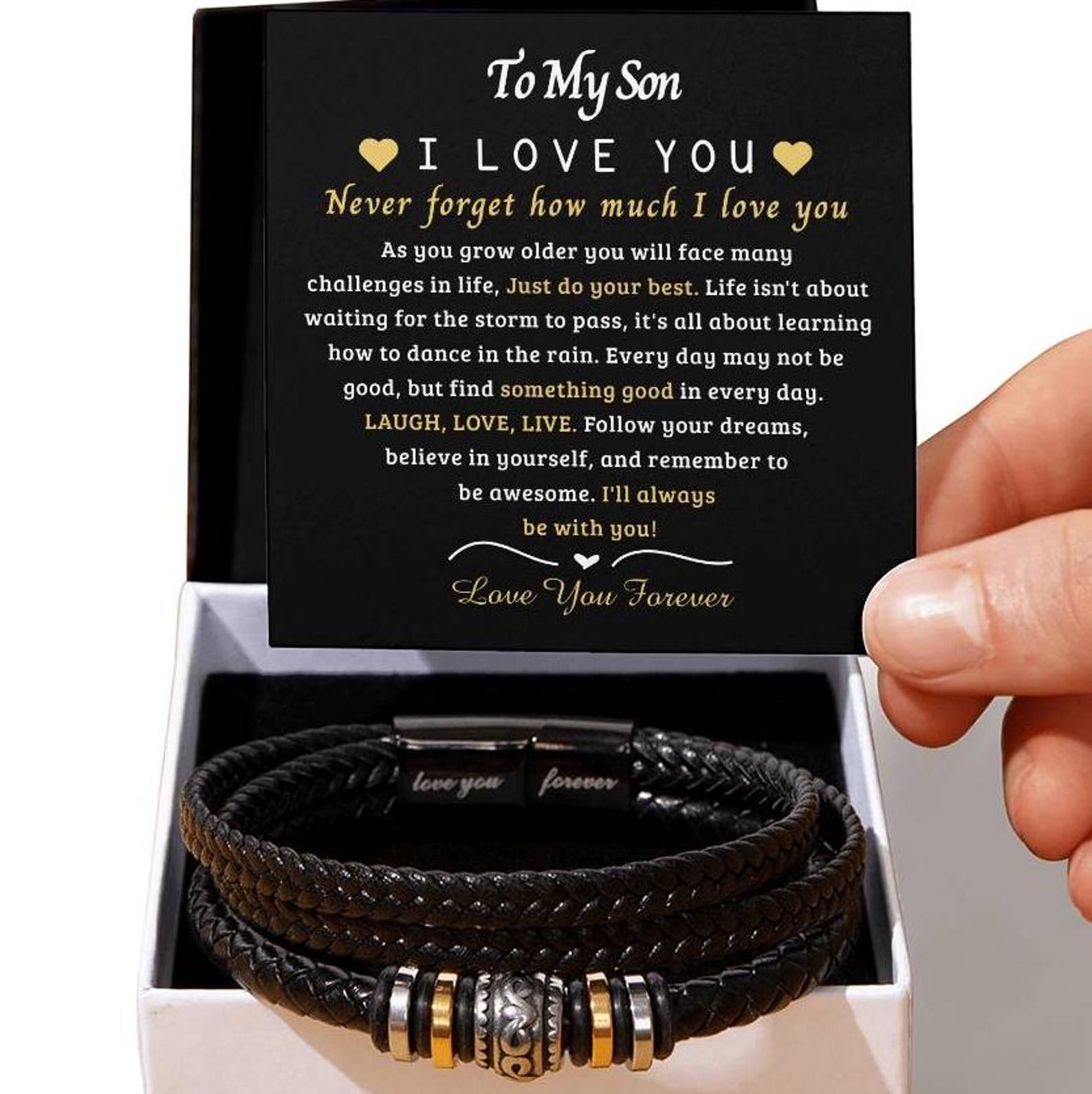 Personalized To My Son Bracelet From Mom and Dad, Son Bracelets From Mother Father, Christmas Birthday Graduation Gifts for Boys Men with Message Card and Gift Box