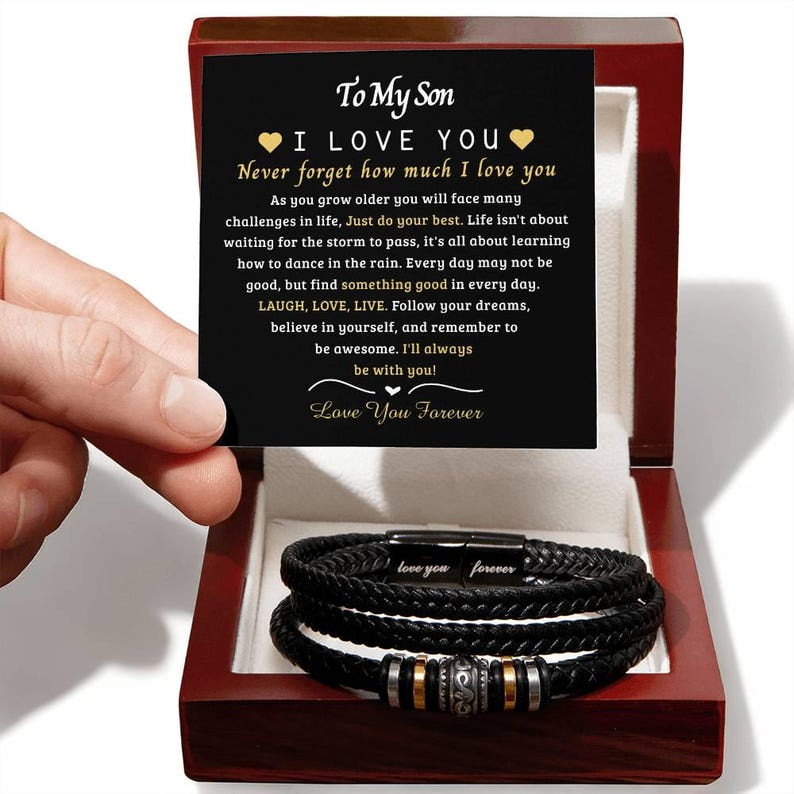 Personalized To My Son Bracelet From Mom and Dad, Son Bracelets From Mother Father, Christmas Birthday Graduation Gifts for Boys Men with Message Card and LED Box