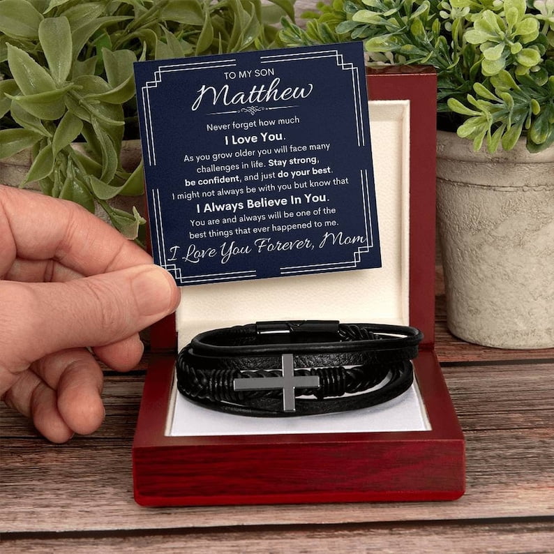 Personalized Son Cross Leather Bracelet Men's Cross Braided Vegan Leather Bracelet with Message Card