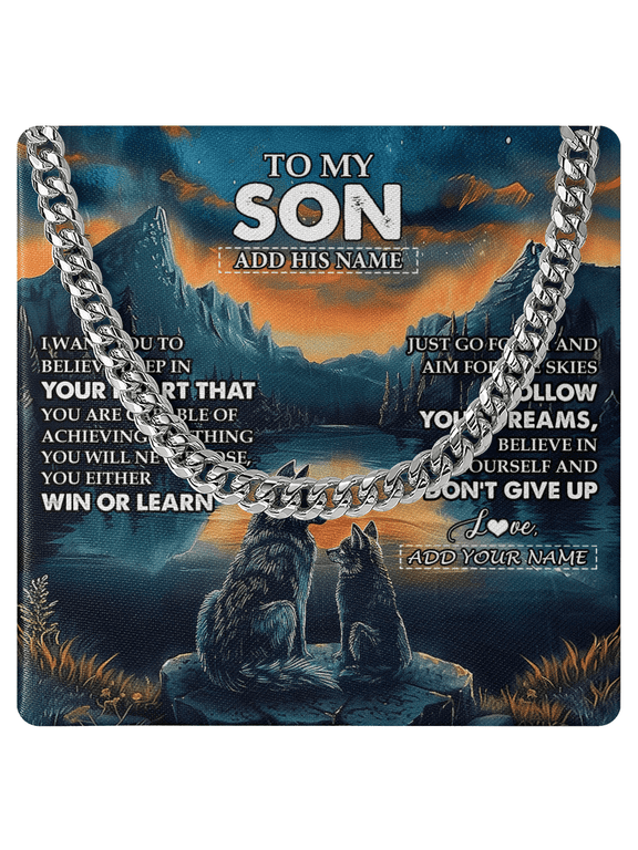 Personalized To My Son Gifts From Mom Dad Mother Father Necklace Don't Give Up Wolf Gifts For Son Birthday Graduation Christmas Custom Gift Box Message Card, White Cuban Link Necklace