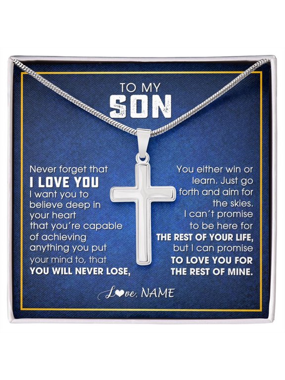 Personalized To My Son Necklace from Mom Dad Father Never Forget That I Love You Son Birthday Graduation Christmas Jewelry Customized Gift Box Message Card, Multi Cross Necklace