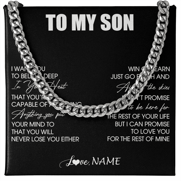 Personalized To My Son Necklace From Mom Dad Mother Believe Deep In Your Heart Son Birthday Jewelry Gift For Men Christmas Customized Gift Box Message Card, White Cuban Link Necklace