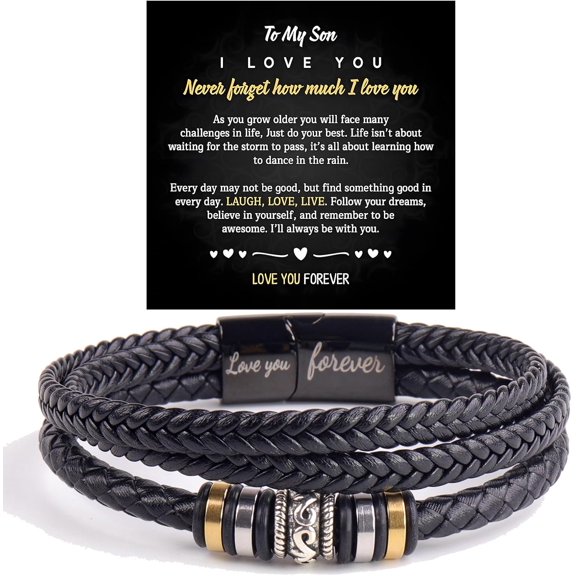 Personalized Son's Infinity Knot Bracelet Gift, To My Son/Grandson Stainless Steel Infinity Knot Leather Engraved with Love You Forever Bracelet Forever Linked Together Jewelry for Birthday Christmas