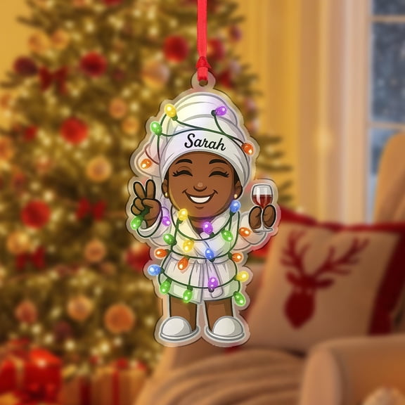 Personalized Spa Lady Acrylic Christmas Ornament with Lights Custom Name Self-Care & Wine Holiday Tree Decor, Funny Gift for Her, Home Keepsake