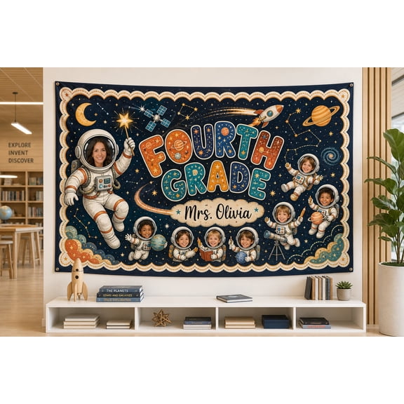 Personalized Space Classroom Tapestry: Custom Photo Astronaut Decor, Teacher Name