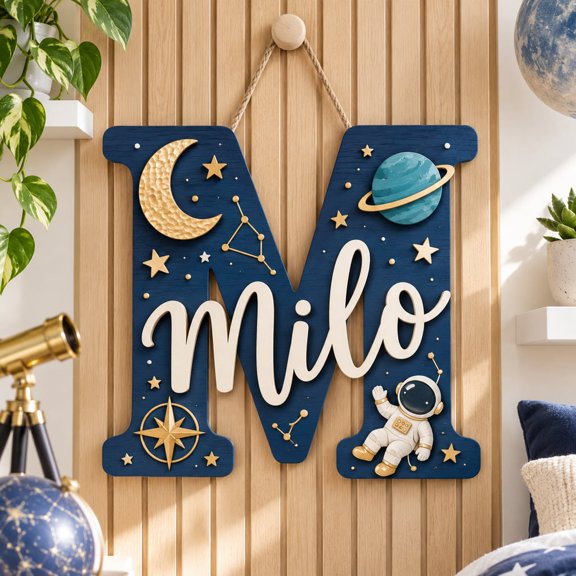 Personalized Space Name Sign Wooden Astronaut Moon And Planet Wall Decor for Room