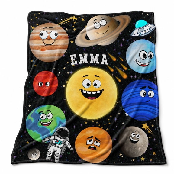 Personalized Space Planet Fleece Blanket, Custom Name 3D Print Polyester Throw, 280gsm, Kids Room Gift, Multiple Sizes