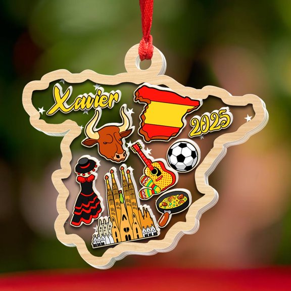 Personalized Spanish Travel Ornament with Country Map, Spain 3 Layers Shaker Ornament, Spain Culture & Landmark Keepsake Gifts for Friends, Custom European Vacation Travel Holiday Ornaments