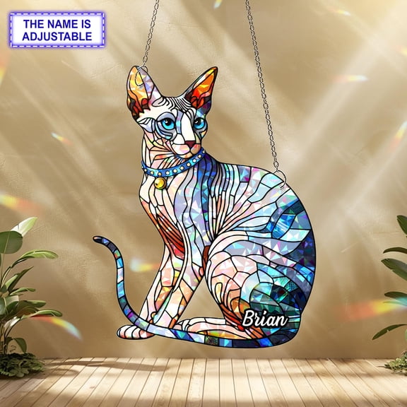 Personalized Sphynx Cat Acrylic Suncatcher, Custom Name Holographic Window Hanging Decor, Cat Lover Gift