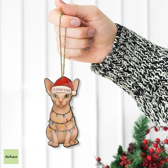 Personalized Sphynx Cat Christmas Ornament 2025 Custom Name, Santa Hat & Lights Acrylic Tree Decor, Gift for Cat Lovers, Home Keepsake