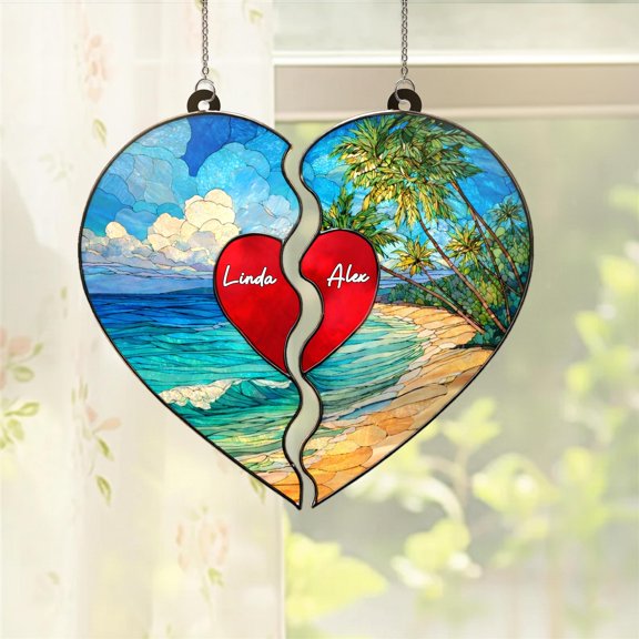 Personalized Split Heart Acrylic Suncatcher Beach Landscape Home Decor Couple Name Valentine Anniversary Gift