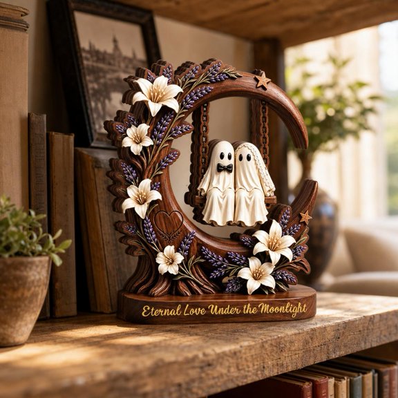 Personalized Spooky Bride Groom Ghost Couple Wooden Plaque,Groom Gothic Wedding Standing Sign, Halloween Romantic Keepsake Wood Home Decor Gifts for Husband Wife Her