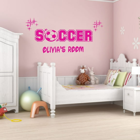 Personalized Sports Wall Decals for Kids Room - Soccer Large Block Text Hot Pink Boys Bedroom With Easy Installation Instructions Custom Name Sticker - Size: 10 In x 5 In
