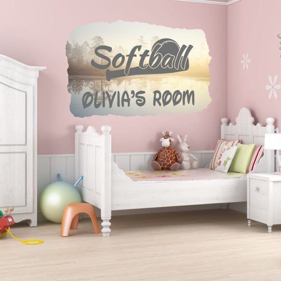Personalized Sports Wall Decals for Kids Room - Softball with Fun Text Over Bat & Ball Boys Bedroom With Easy Installation Instructions Custom Name Sticker - Size: 20 In x 14 In