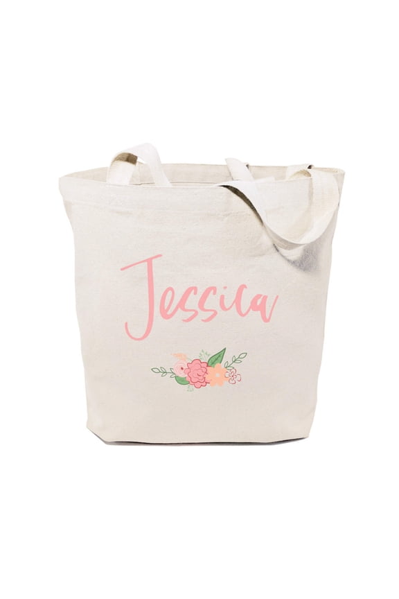 Personalized Spring Colored Floral Name Cotton Canvas Tote Bag