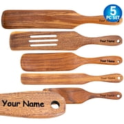 Personalized Spurtle Wooden Spoon Spatula Cooking Utensils 5pc Set - Enrgaved Natural Teak Wood Multi-Purpose Kitchen Utensils Stirring, Mixing, Scraping, and Serving - As Seen On TV