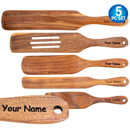 Personalized Spurtle Wooden Spoon Spatula Cooking Utensils 5pc Set - Enrgaved Natural Teak Wood Multi-Purpose Kitchen Utensils Stirring, Mixing, Scraping, and Serving - As Seen On TV