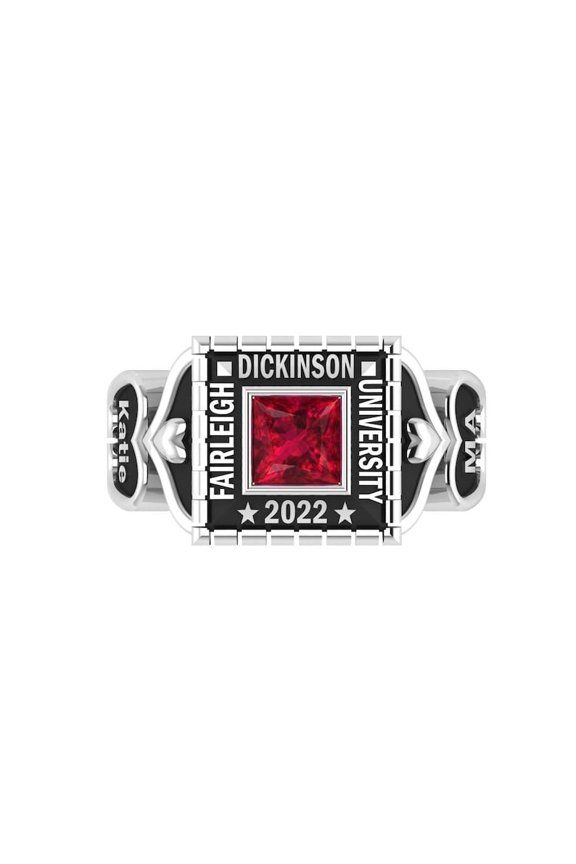 Personalized Square Cut Red Crystal Fashion Ring Customized School Name Year Inside Engraving Star Accent Statement Band 925 Sterling Silver
