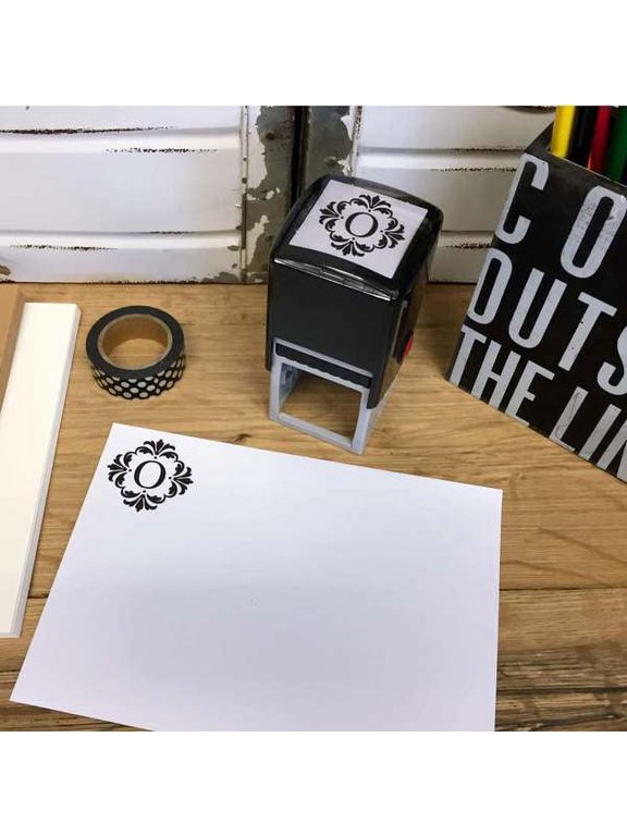 Personalized Square Self Inking Rubber Stamp - Ornate Initial