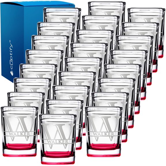 Personalized Square Shot Glasses Set of 25 Red Bottom 2oz Engraved Initial and Name Custom Gifts, Weddings, Birthdays, Party, Event, Decorations