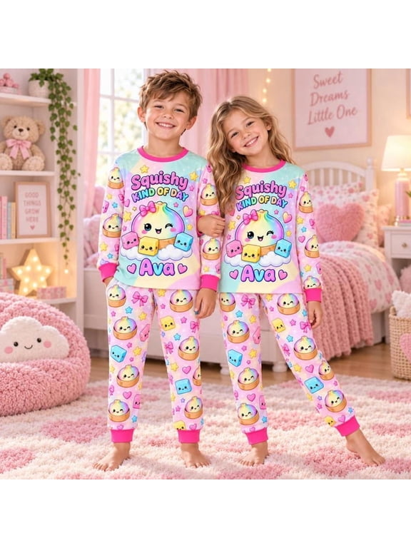 Personalized Squishy Dumpling Pajamas, Custom Name Kawaii Sleepwear, Cute Rainbow Squishy PJs