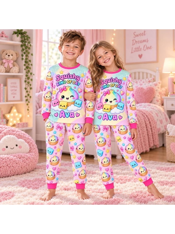 Personalized Squishy Dumpling Pajamas, Custom Name Kawaii Sleepwear, Cute Rainbow Squishy PJs