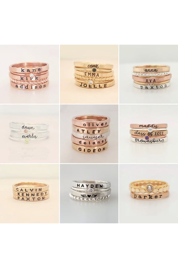 Personalized Stackable Name Rings | Custom Birthstone & Symbols Jewelry Set for Moms, Daughters | Engraved, Silver, Gold Filled, Rose Gold
