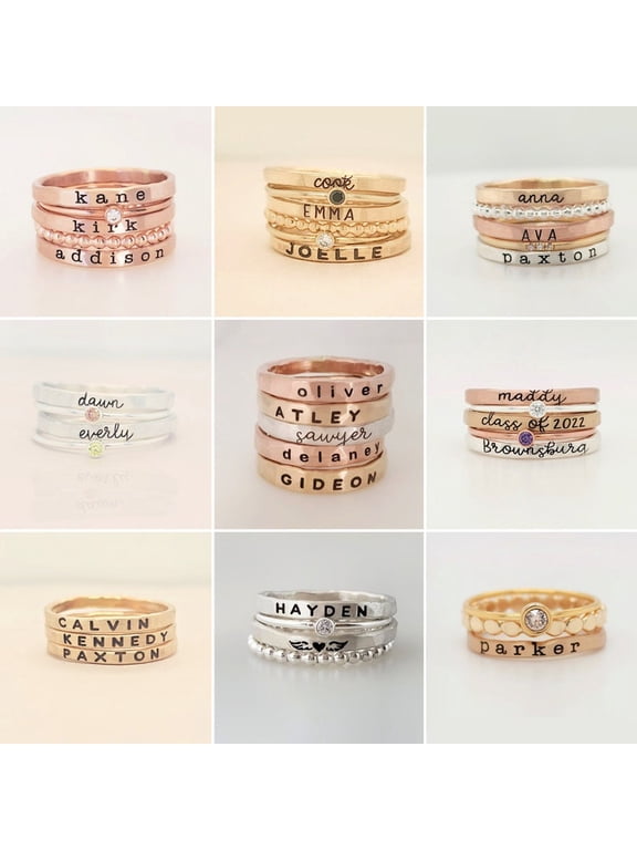 Personalized Stackable Name Rings | Custom Birthstone & Symbols Jewelry Set for Moms, Daughters | Engraved, Silver, Gold Filled, Rose Gold