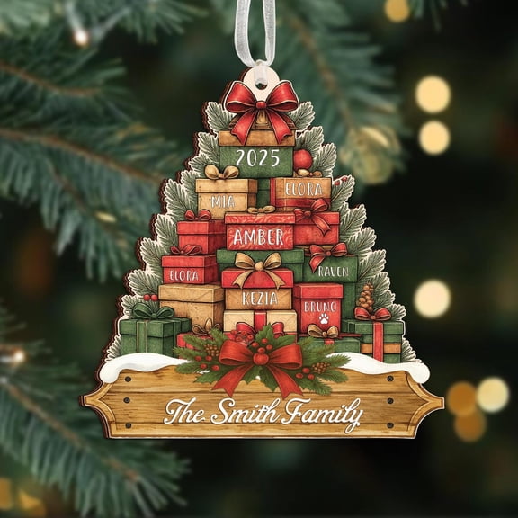 Personalized Stacked Gifts Family Christmas Ornament 2025 – Custom Family Name on Christmas Tree with Presents – Holiday Keepsake & Gift
