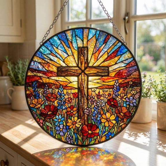 Personalized Stained Glass Cross Suncatcher, Christian Window Hanging, Memorial Church Decor Gift
