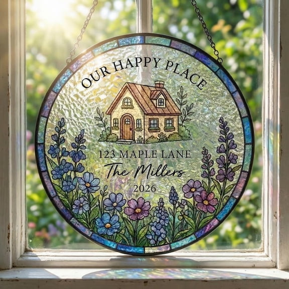 Personalized Stained Glass House Suncatcher, Custom Home Portrait Round Glass Ornament, New Home Housewarming Gift