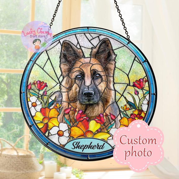 Personalized Stained Glass Pet Portrait Suncatcher, Custom Memorial Keepsake Pet Loss And Sympathy Gift, Custom German Shepherd Portrait Art