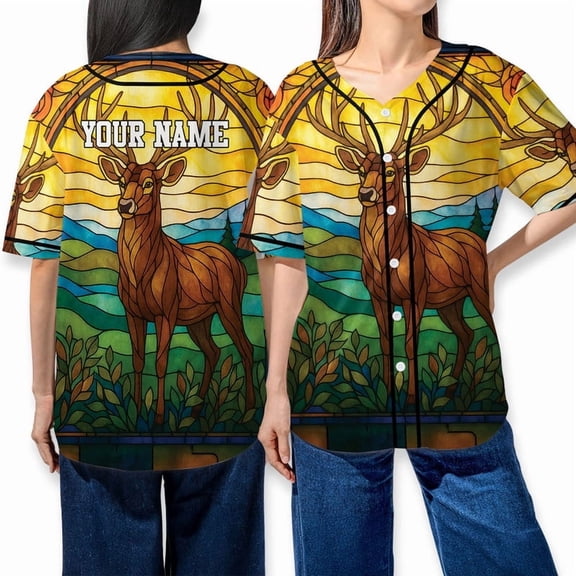 Personalized Stained Glass Reindeer Baseball Jersey – Custom Nature Animal Button Up Shirt for Men & Women – Unique Outdoor Elk Print Baseball Shirt