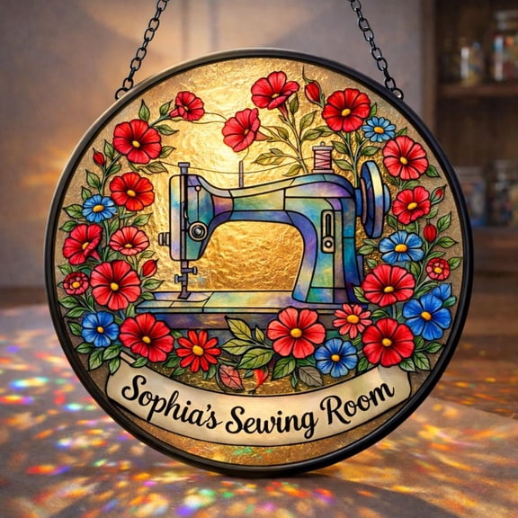 Personalized Stained Glass Sewing Suncatcher, Quilter Craft Room Decor, Floral Window Hanging
