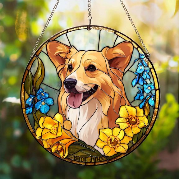 Personalized Stained Glass Suncatcher, Custom Pet Portrait with Birth Flower, Gift for Pet Lovers