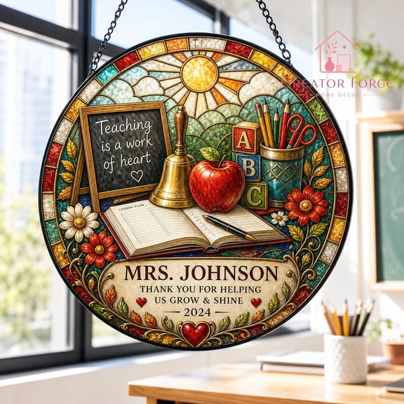 Personalized Stained Glass Teacher Suncatcher - Custom Name Classroom Decor, Teacher Appreciation End of Year Gift